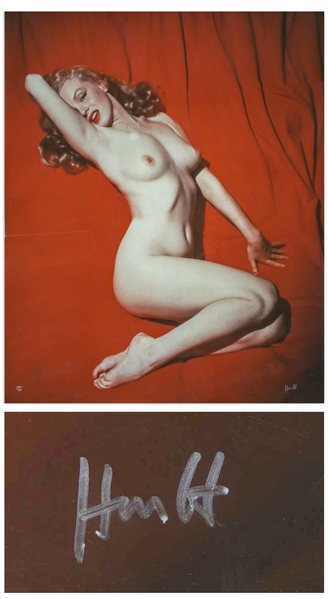 Hugh Hefner Signed Limited Edition Cibachrome of Marilyn Monroe's Famous ''Red Velvet'' Pose -- Pristine, Near Fine Condition